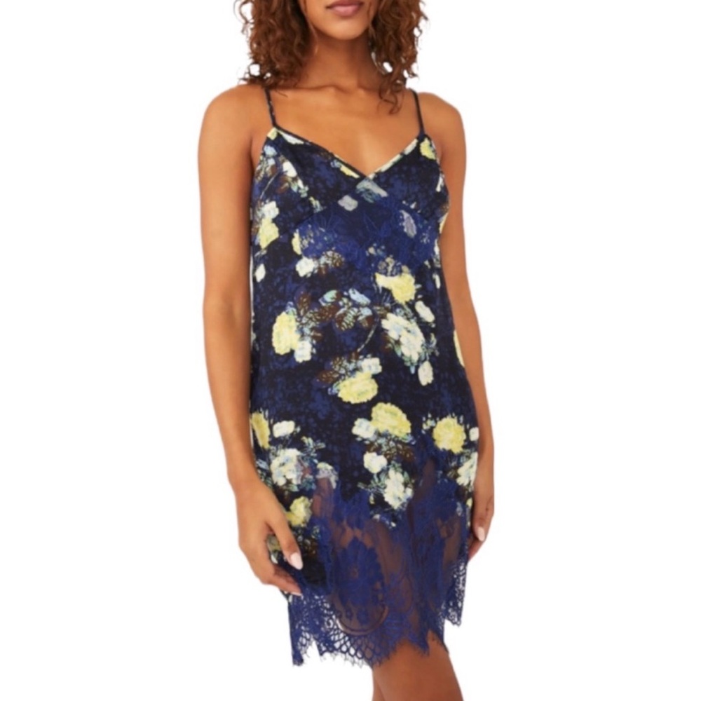 FREE PEOPLE SUNFADE MIDNIGHT BLUE FLORAL PRINT LACE TRIM SLIP DRESS